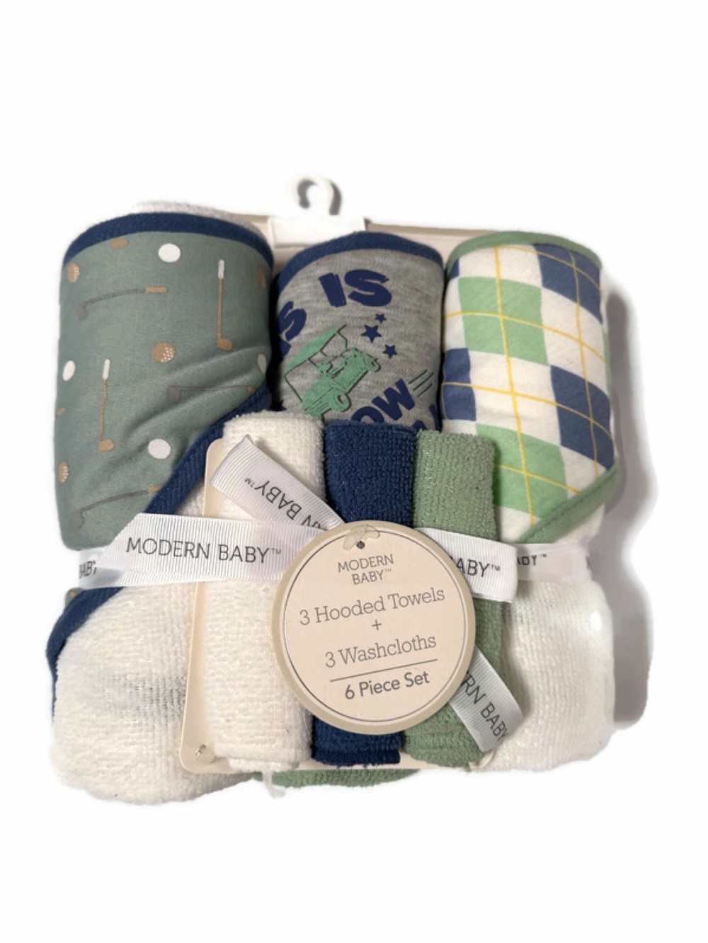 NWT Golf, airplane themed three Hooded Towels & three Washcloths - Green & Navy